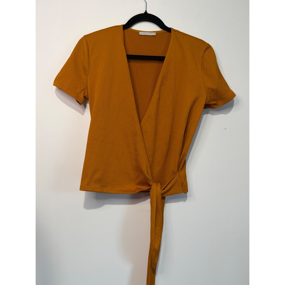 Zara W/B Collection Mustard Yellow Textured Wrap Tie Top XS Ochre Crepe Blouse